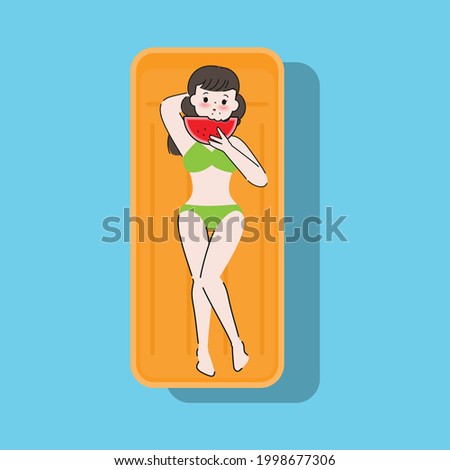 Hand drawn cute woman character wear bikini in pool. Vector illustrations in doodle style.