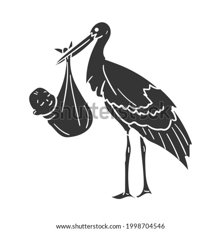 Stork With Baby Icon Silhouette Illustration. New Born Vector Graphic Pictogram Symbol Clip Art. Doodle Sketch Black Sign.