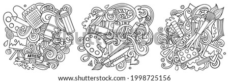 Art cartoon vector doodle designs set. Sketchy detailed compositions with lot of artist objects and symbols. Isolated on white illustrations