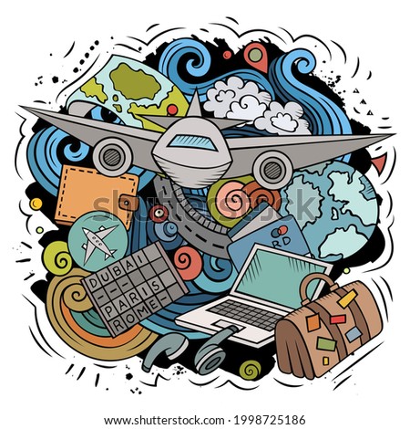 Traveling vector doodles illustration. Travel elements and objects cartoon background. Bright colors funny picture. All items are separated