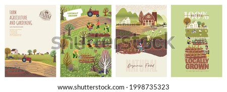 Set of organic food poster templates. Vector illustrations on the topic of organic food production, gardening, farming, agriculture. Concepts for background, brochure covers, marketing material. Royalty-Free Stock Photo #1998735323