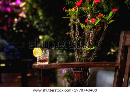 drink in the garden, bench, flowers
