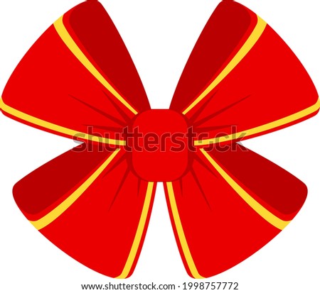 Decorative festive red bow with yellow edging. Icon for greeting cards, certificates and invitations for birthday, wedding, celebration. Flat vector illustration.