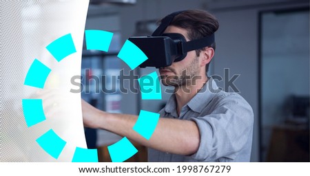 Composition of scope scanning over businessman wearing vr headset. global digital interface, technology and networking concept digitally generated image.