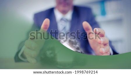 Composition of businessman hands over house and cloud. global digital interface, technology and networking concept digitally generated image.
