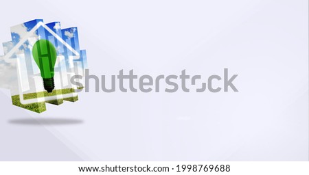 Composition of green light bulb icon and house with copy space on white background. global green energy, digital interface, technology and networking concept digitally generated image.