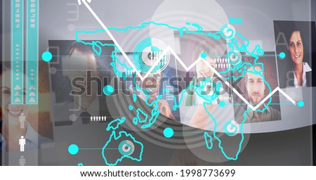 Composition of interactive screen with photos and data processing. global business, digital interface, technology and networking concept digitally generated image.