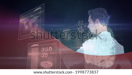 Composition of fingerprint and businessman touching interactive screen with data processing. global business, digital interface, technology and networking concept digitally generated image.
