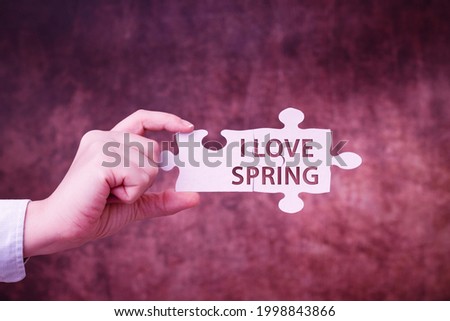 Conceptual caption I Love Spring. Conceptual photo telling why having a strong affection to this season Businesswoman Find Strategy For Resolving Connecting Missing Ideas At Work