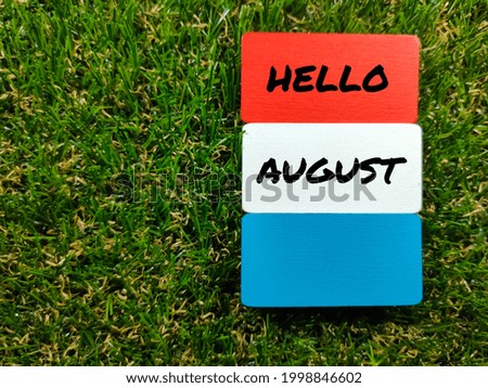 Colorful wooden board with text HELLO AUGUST on grass background.