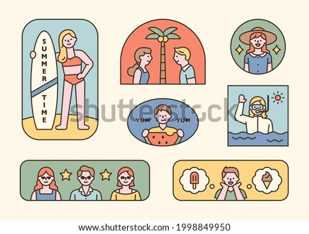 People enjoying summer vacation. Label sticker concept. flat design style minimal vector illustration.