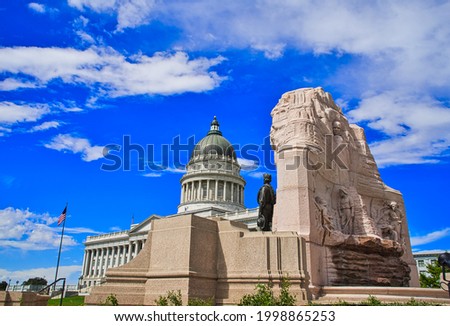 Building of Capitol in the Salt Lake City. White clouds and blue sky. Salt Lake, fourth largest city in the Inland West, Utah, USA. 2016.