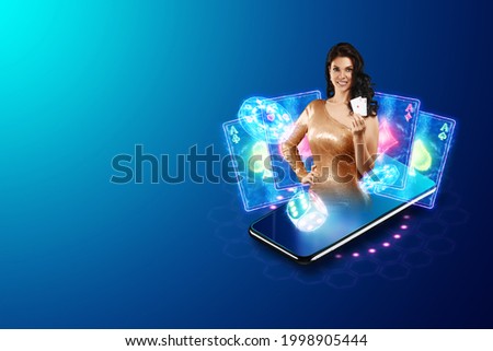 Concept for online casino, gambling, online money games, bets. Smartphone and pretty girl with playing cards in hand. Website header, flyer, poster, template for advertising Royalty-Free Stock Photo #1998905444