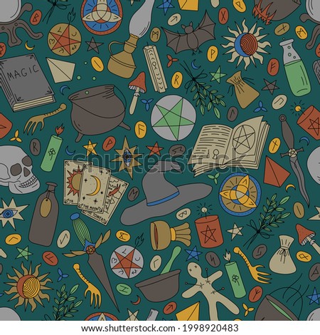 SEAMLESS PATTERN WITH MULTI-COLORED OBJECTS FOR MAGIC ON A GREEN BACKGROUND IN A VECTOR