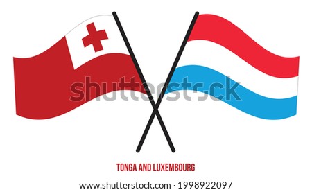 Tonga and Luxembourg Flags Crossed And Waving Flat Style. Official Proportion. Correct Colors.