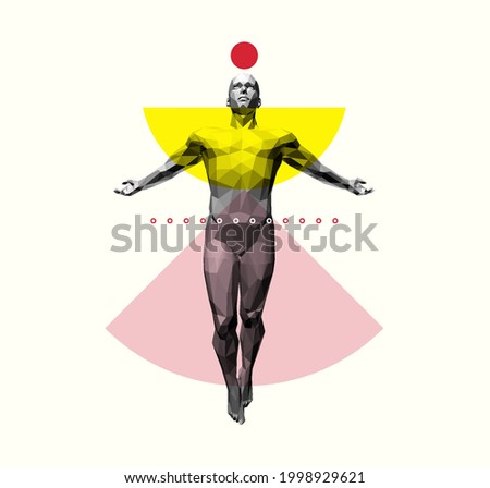 Fastion concept. Harmony of soul and body, wisdom or religion concept. State of enlightenment. Man meets eternal. Psychic mind power of meditation. 3d vector illustration. Royalty-Free Stock Photo #1998929621
