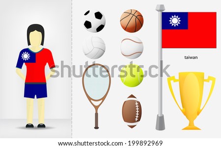 Taiwan sportswoman with sport equipment collection vector illustration