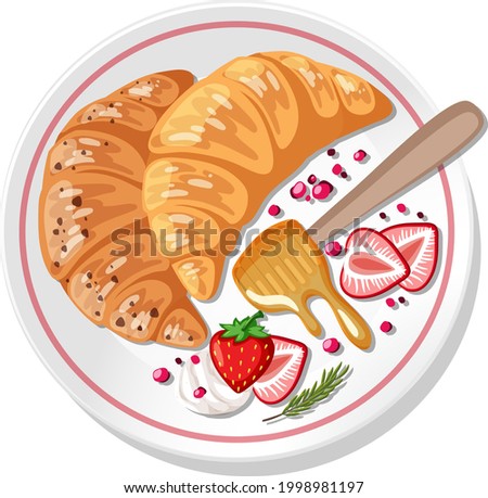 Croissant with strawberry and cream topping on a plate isolated illustration