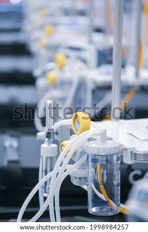 Medical equipment from an ER Emergency Room. Detail view of a lot of tools used for oxigen, syringe and therapy.