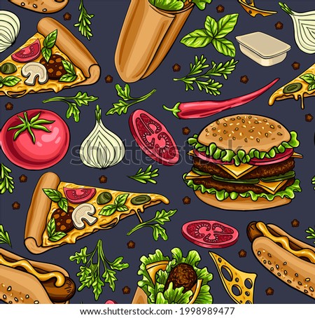 Delicious hand drawn vector hamburger, cheeseburger, hot dog, pizza, roll with salad, cheese and meat. Tomatoes, onions, and Provencal herbs. Stylish seamless pattern with fast food. 