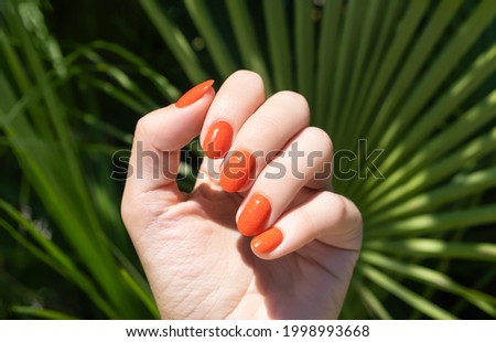 Female hand with orange nail design. Orange nail polish manicure. Female hand on a tropic plant leaf background
