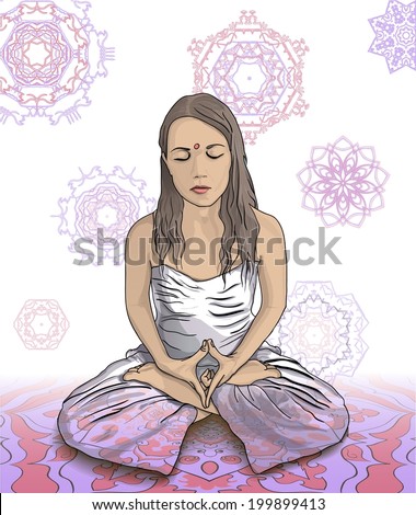 Meditating young woman in white clothes