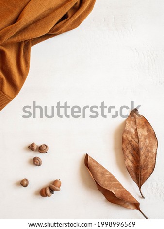 Frame from brown sweater, fall leaf and acorns on white background. Top view. copy space. Minimal autumn composition