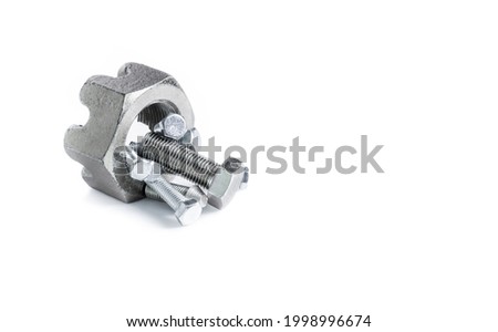Large bolt and many different size nuts on white background, wrong tool for the job and one size dose not fit all  idea, put the right man on the right job concept