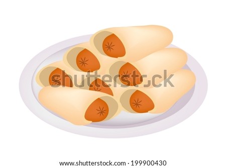 Illustration of A Pile of Rolled of Pancake Sausage on A White Disk Isolated on White Background. 