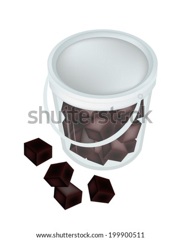 Sweet Food and Dessert, An Illustration of Grass jelly or Chinese Black Jelly in A Bucket Isolated on White Background. 