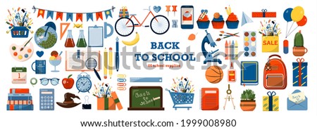 Back to school. Big vector set. Stationery for school, university and office. Cartoon school supplies. A set of colored icons. Flat illustrations for elementary school. Bright cut out cliparts