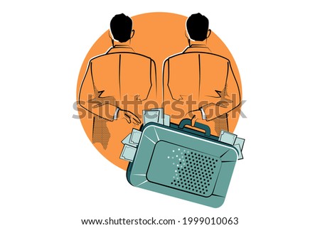 Concept of Corruption, Dishonest or fraudulent conduct by those in power, involving Bribery. Vector illustration of two men hand over money, bribe in suitcase. Royalty-Free Stock Photo #1999010063