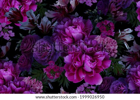 Floral vintage seamless pattern. Blooming peonies, roses, tulips, garden flowers, decorative herbs, leaves on black background. For decoration packaging, interior, fabric, textile, paper, wallpaper. Royalty-Free Stock Photo #1999026950