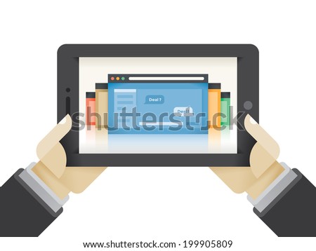 Businessman hands holding tablet computer with internet chat on the screen with Deal? and Deal! business negotiation messages. Idea - Social networking, online messaging and chats, internet friendship