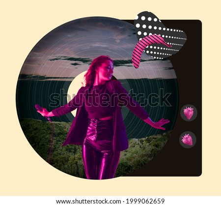 Young woman, singer isolated over black vinyl plate background. Contemporary art collage. Inspiration, idea, trendy urban magazine style. Music, dance party concept Copy space for text, ad.
