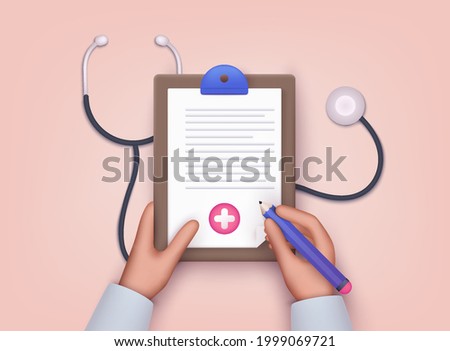 Hand holding clipboard with checklist and pen for medical report, presentation, web page banner. 3D Web Vector Illustrations.