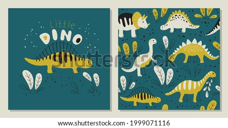 Different dinosaurs on a dark  background - Seamless pattern and print. Vector Background for fabric, textile, posters, gift wrapping paper. Print for kids, baby, children