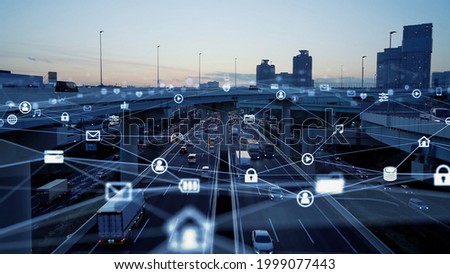 Transportation and technology concept. ITS (Intelligent Transport Systems). Mobility as a service.Telecommunication. IoT (Internet of Things). ICT (Information communication Technology). Royalty-Free Stock Photo #1999077443