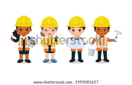 Children occupation clip art. Team of engineer and builder. Flat vector character cartoon design