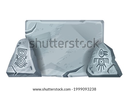 Stone sign board, vector Aztec carton rock game block, gray cracked panel, Maya tribal symbol. Ancient granite bolder design element, nature UI object isolated on white. Stone sign tablet illustration Royalty-Free Stock Photo #1999093238