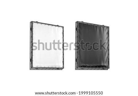 Blank black and white stretching banner with grip frame mockup, 3d rendering. Empty square canvas signage for ad mock up, side view, isolated. Clear commercial placard for wall hanging template.