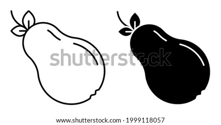 Linear icons. Sweet pear for breakfast for schoolboy. Collecting autumn harvest of fruits. Simple black and white vector