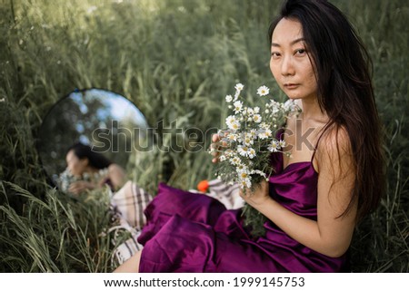 Beautiful Woman Enjoying Chamomile Field, Nice Asian Female Relaxing In The Meadow
