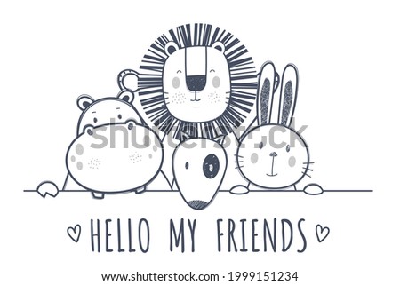 Black and white cute animal world line drawing set Illustrations and vectors