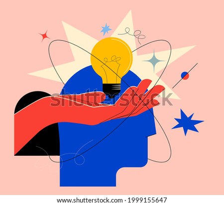 Creative mind or brainstorm or creative idea concept with abstract human head silhouette and hand holding bulb lamp surrounded abstract geometric shapes in bright colors. Vector illustration Royalty-Free Stock Photo #1999155647