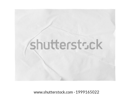 White paper wrinkled poster template , blank glued creased paper sheet mock-up.white poster mock up on white background.