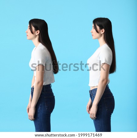 Young woman with bad and proper posture on color background Royalty-Free Stock Photo #1999171469