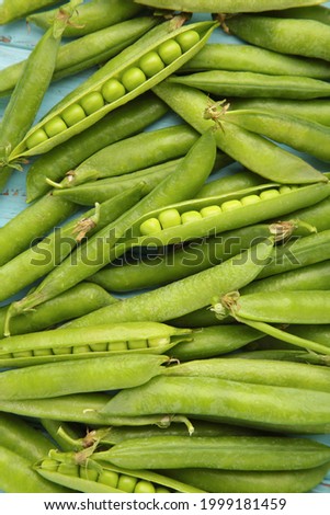 Green pea background. Pea pods from farmland. Pea freshly picked. Organic fresh vegetables. Healthy eating. Top view.