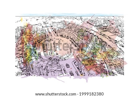 Building view with landmark of Glasgow is the 
city in Scotland. Watercolor splash with hand drawn sketch illustration in vector.