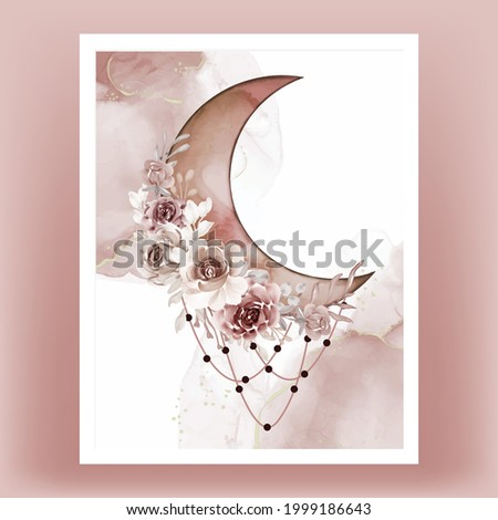 Watercolor half moon with brown terracotta flower